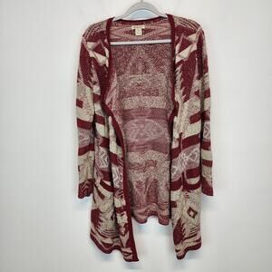 Lucky Brand Cardigan Sweater Size M Aztec Red Beige Open Cotton Wool Blend Boho
